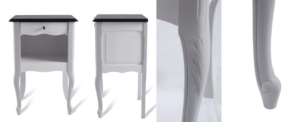 Table de chevet relookée en blanc, noir et gris