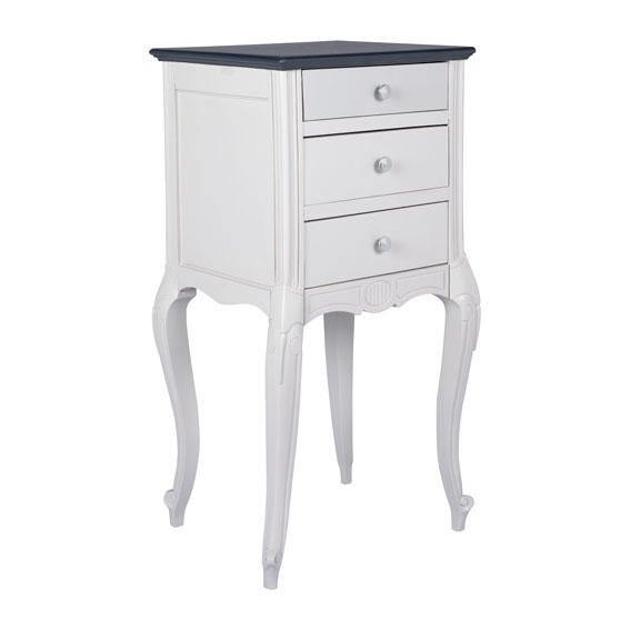 table de nuit relookée en gris et noir sur fond blanc, de profil