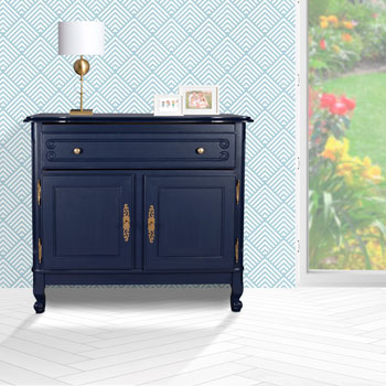 Meuble TV peinte en bleu et intérieur jaune