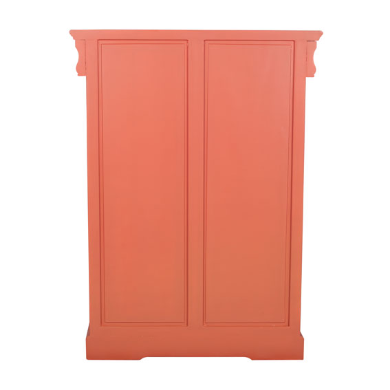 vue de dos du confiturier meuble vintage bois relookée dans les tons terracotta