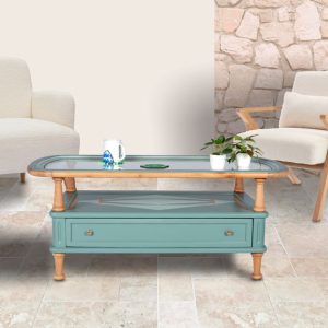 table basse avec plateau en vert peinte en Agave