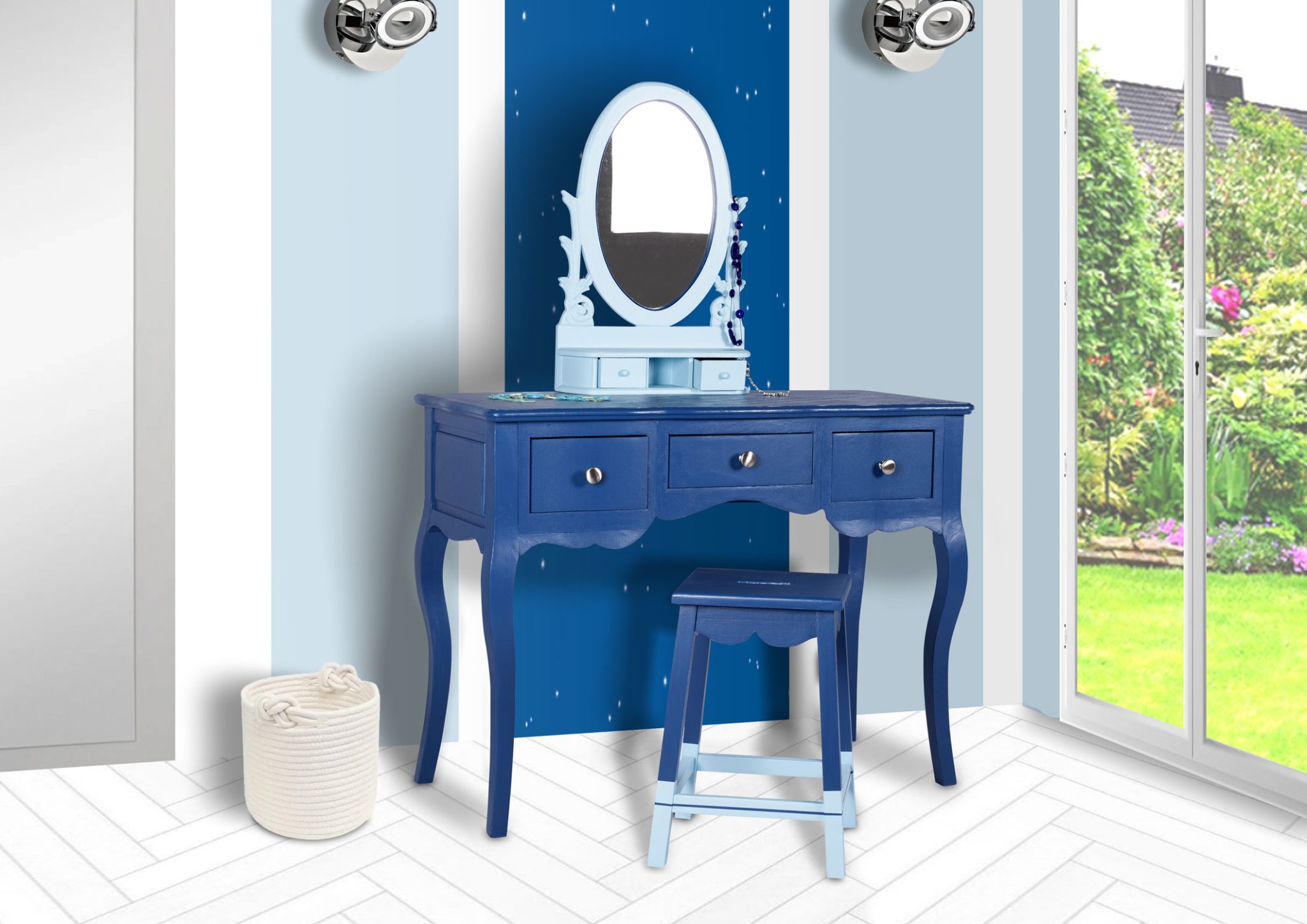 coiffeuse en bleu et tabouret