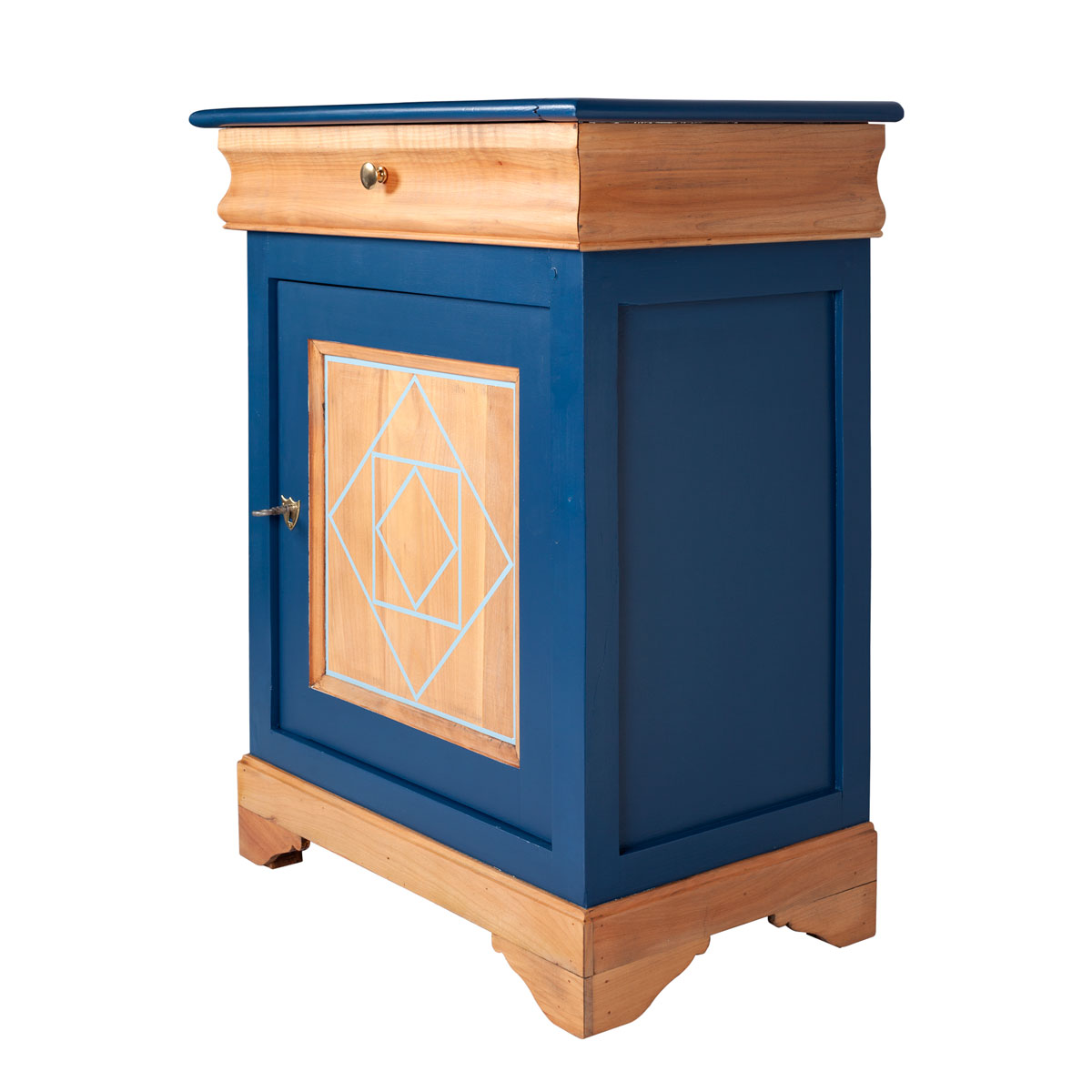 confiturier vintage en bois et bleu vue de profil