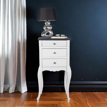 Table de chevet ancienne relookée gris Souris et blanc avec 3 tiroirs