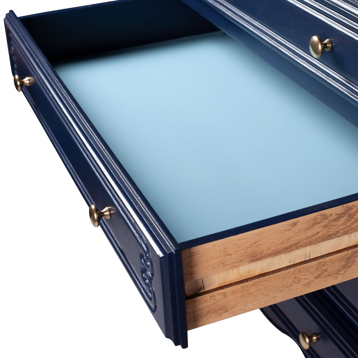 intérieur bleu d'un tiroir de la commode Louis XV