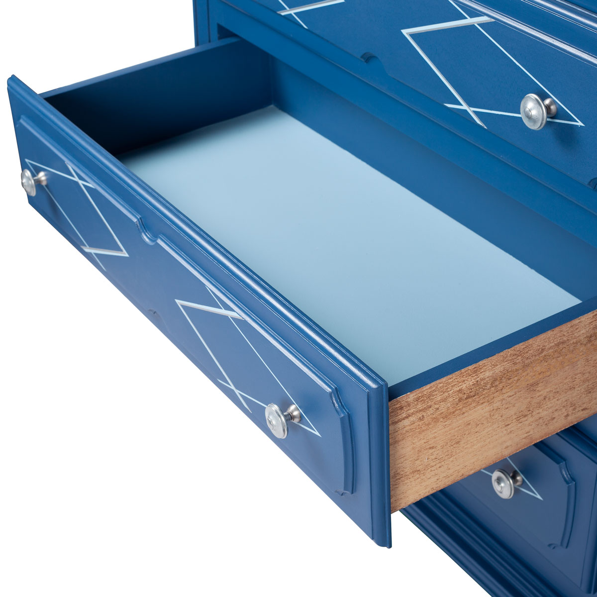 intérieur du tiroir de la commode 3 tiroirs bleu relookée