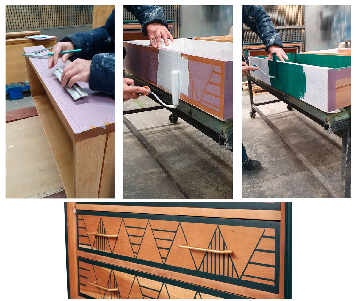 les différentes étapes de la création du motif sur la façade des tiroirs de la commode
