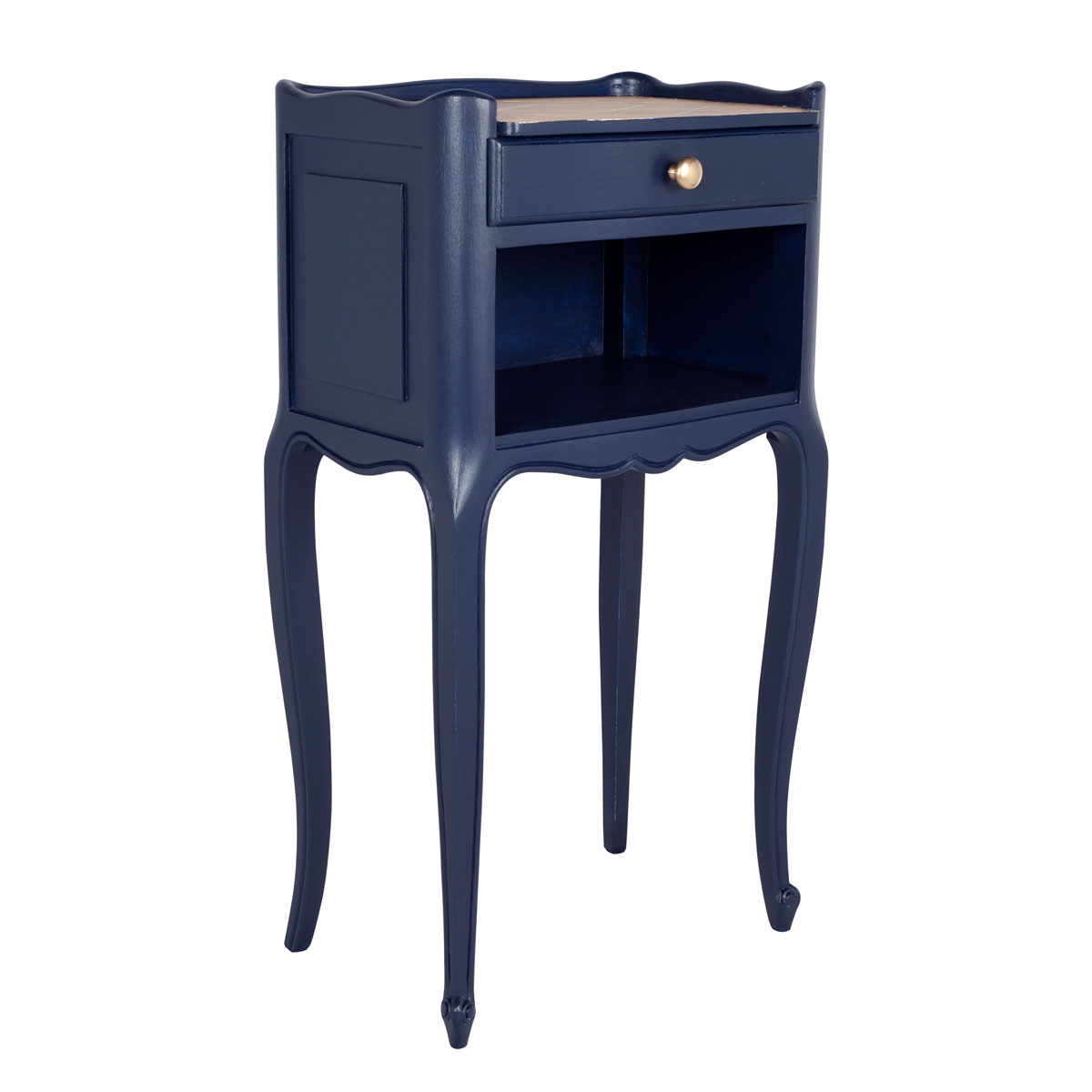 chevet relooké bleu de profil