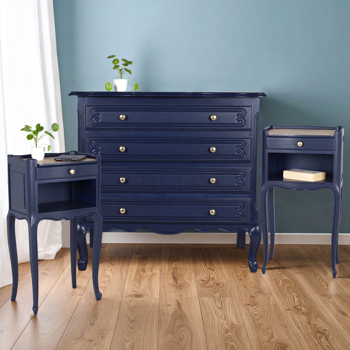 ensemble commode et tables de chevet relooké nuit marine