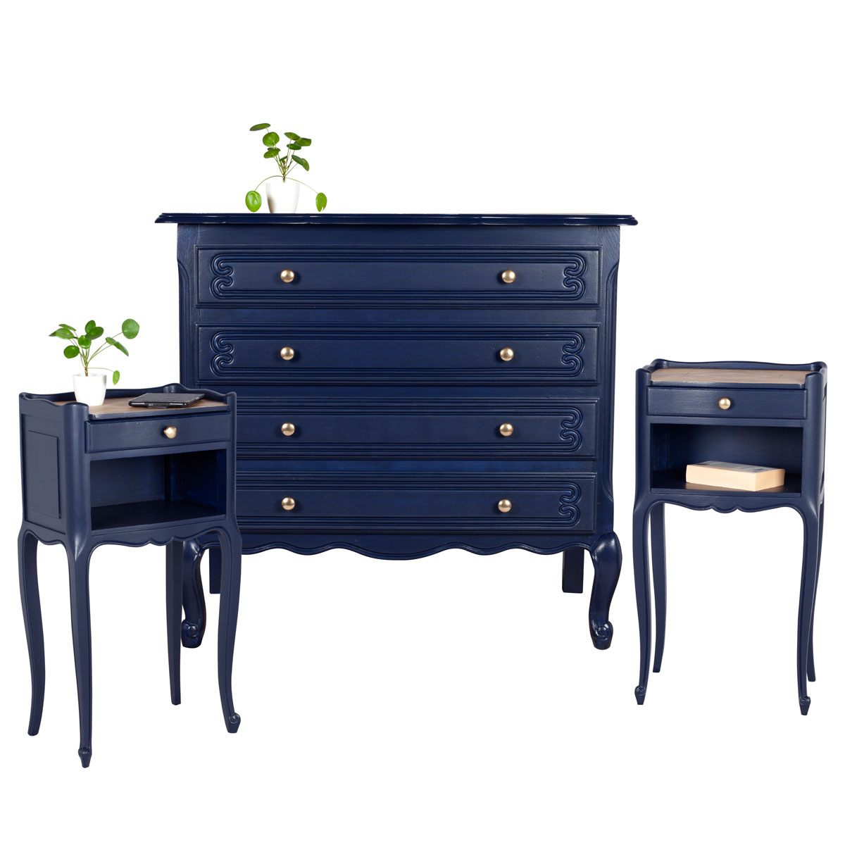 ensemble commode et tables de chevet relooké bleu style Louis XV