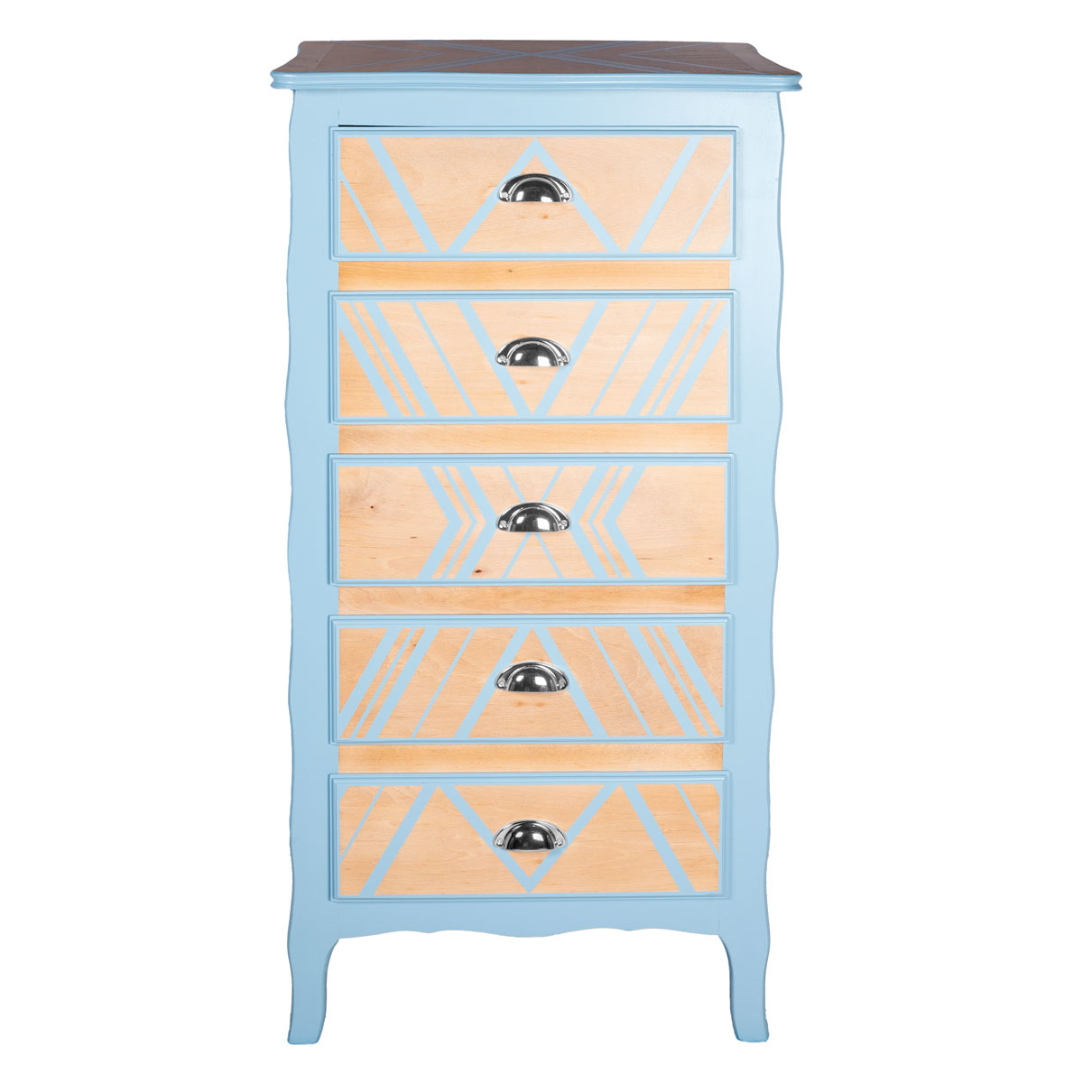 Chiffonnier ancien relooké bleu 5 tiroirs