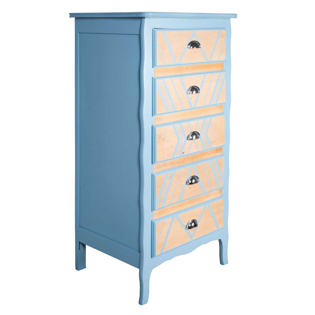 Chiffonnier 5 tiroirs ancien bois relooké bleu Azul