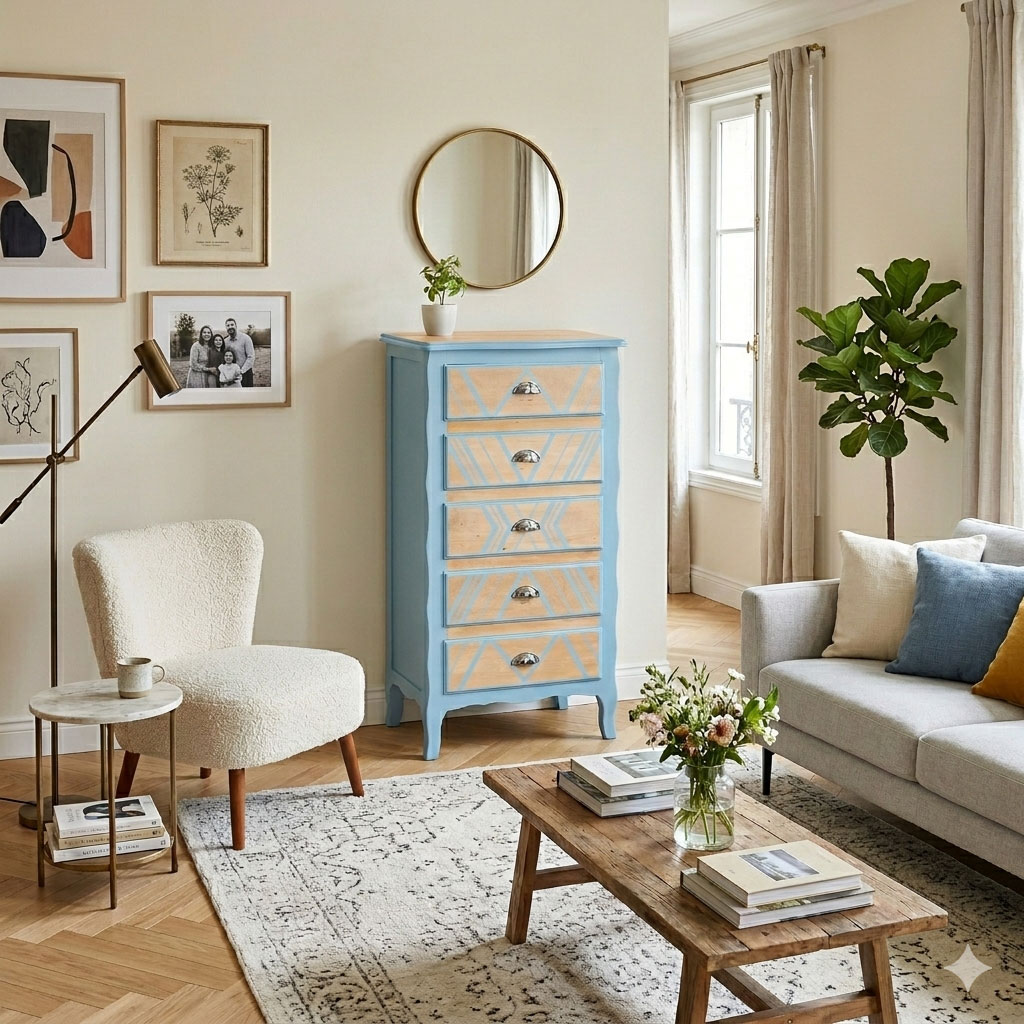 chiffonnier 5 tiroirs relooké bleu dans une pièce de vie