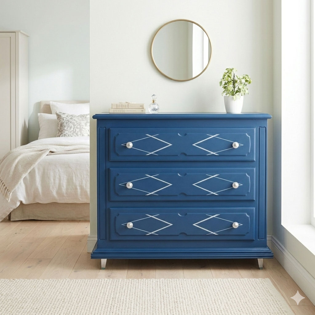 commode bleue relookée dans une chambre