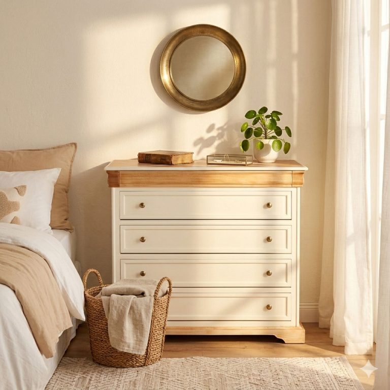 commode Louis-Philippe relookée en Jasmin dans une chambre