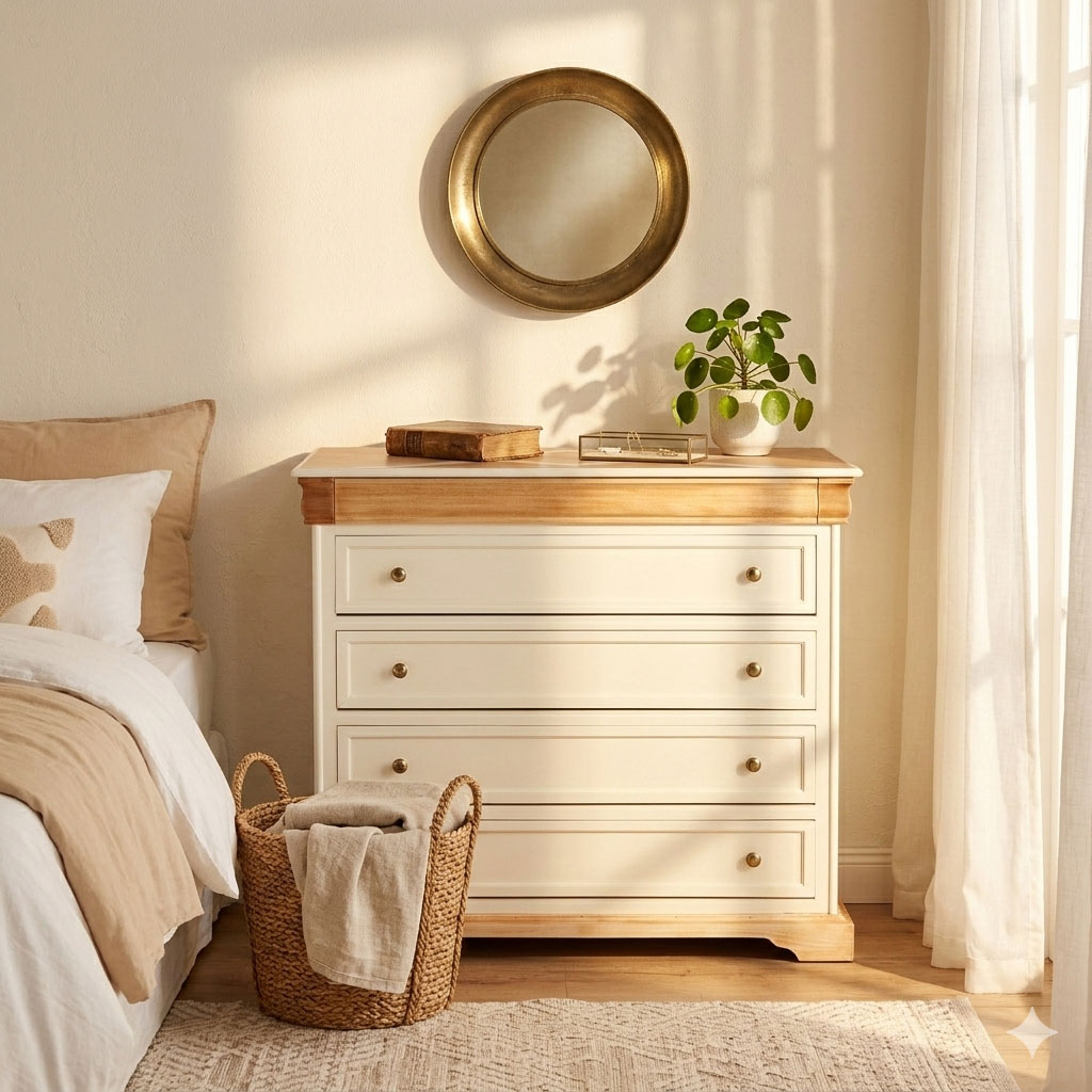 commode Louis-Philippe relookée en Jasmin dans une chambre