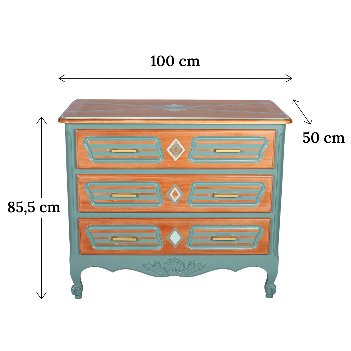 Commode Louis XV relookée vert Agave avec ses dimensions