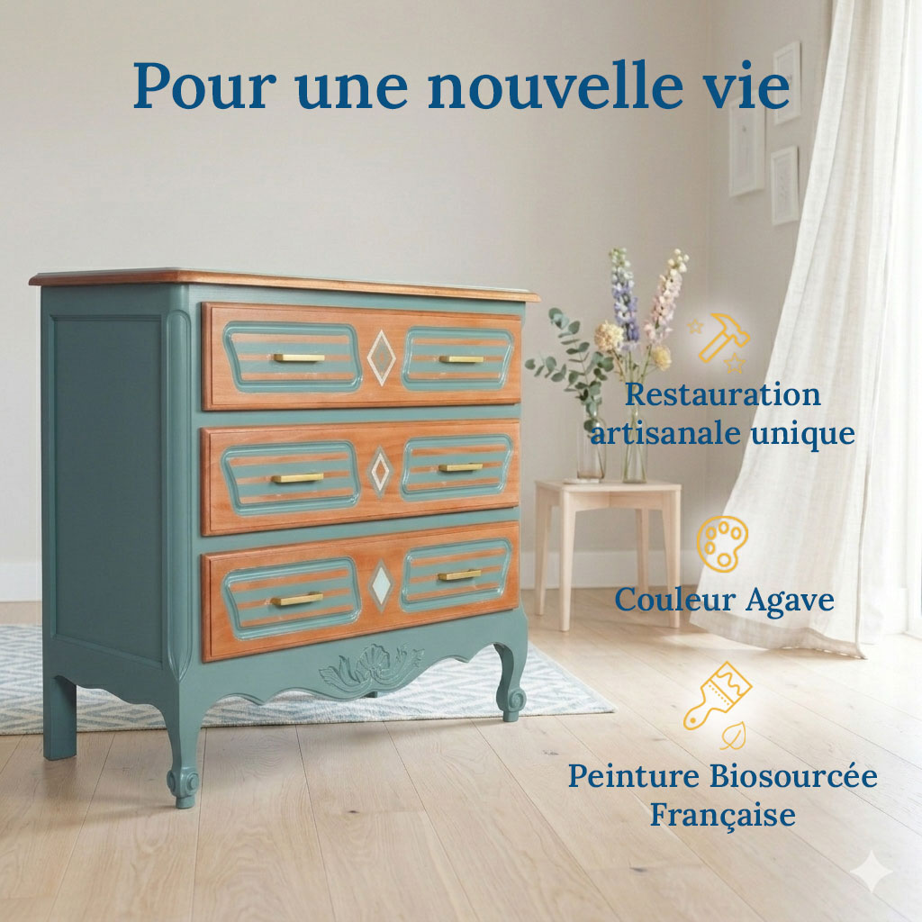 commode verte rénovée avec des informations