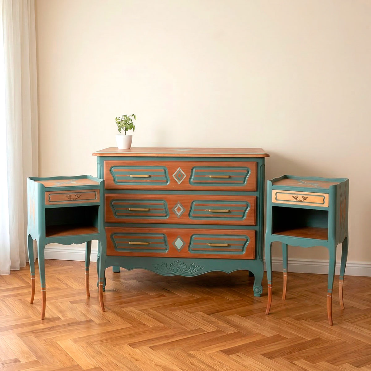 ensemble de meuble pour la chambre relooké en vert agave