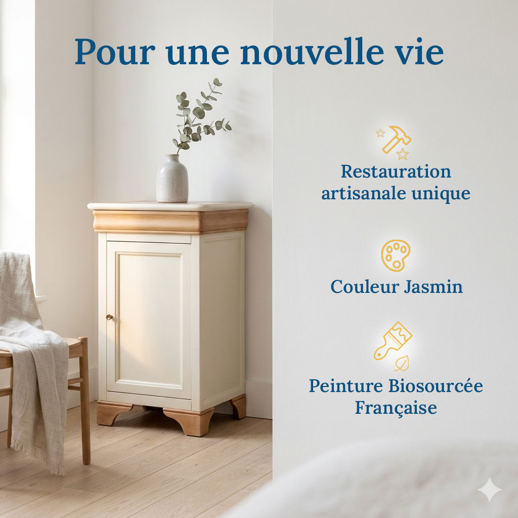Table de chevet beige Louis-Philippe relookée avec des informations