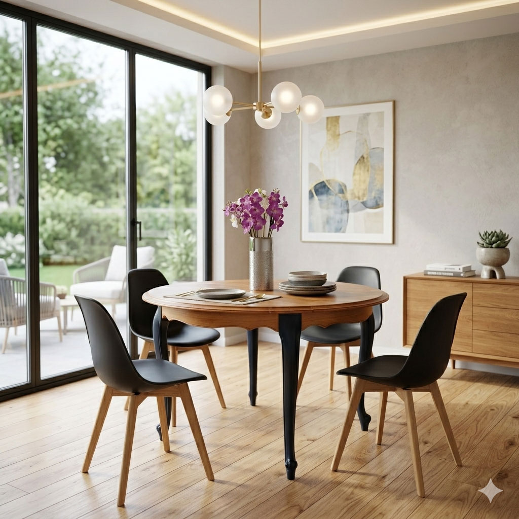 Table à manger ronde relookée bois et noir